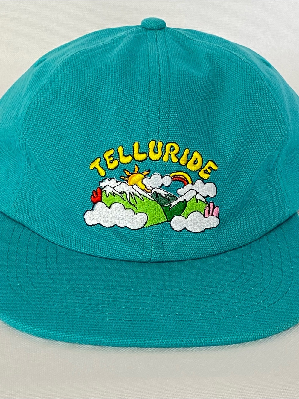 Needle Rock Threads Telluride Canvas Hat Teal 100% Cotton Mountains & Rainbow